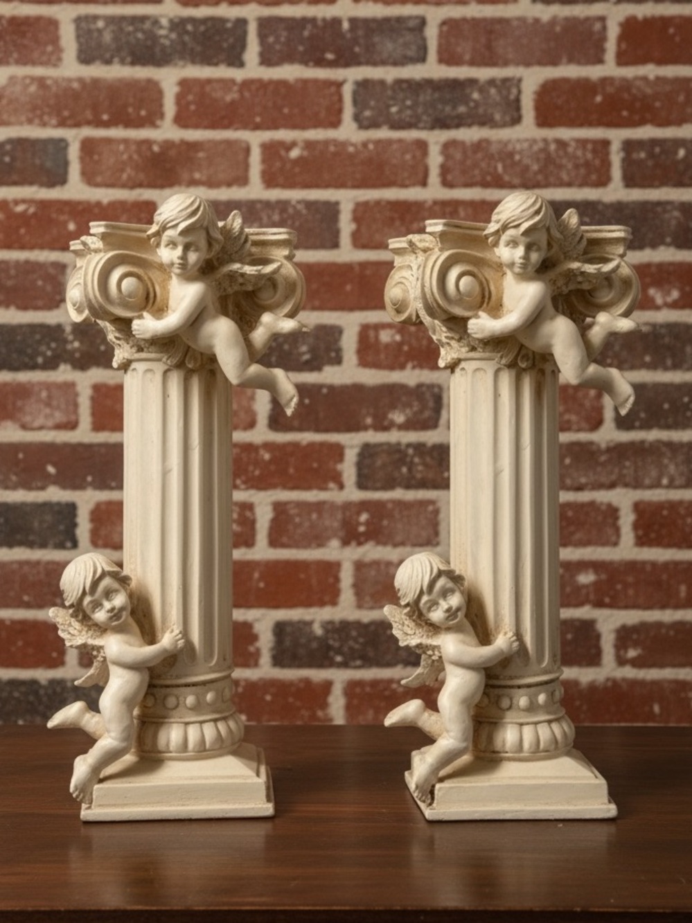 Vintage Resin Cherub Column Pedestal Candle Holders Pair 8.5” Neo Baroque